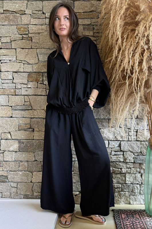 Basso Button Drape Batwing Shirt Black